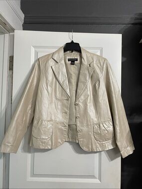 Vintage Dialogue Metallic Champagne Leather Blazer Jacket Size Large Pearlized